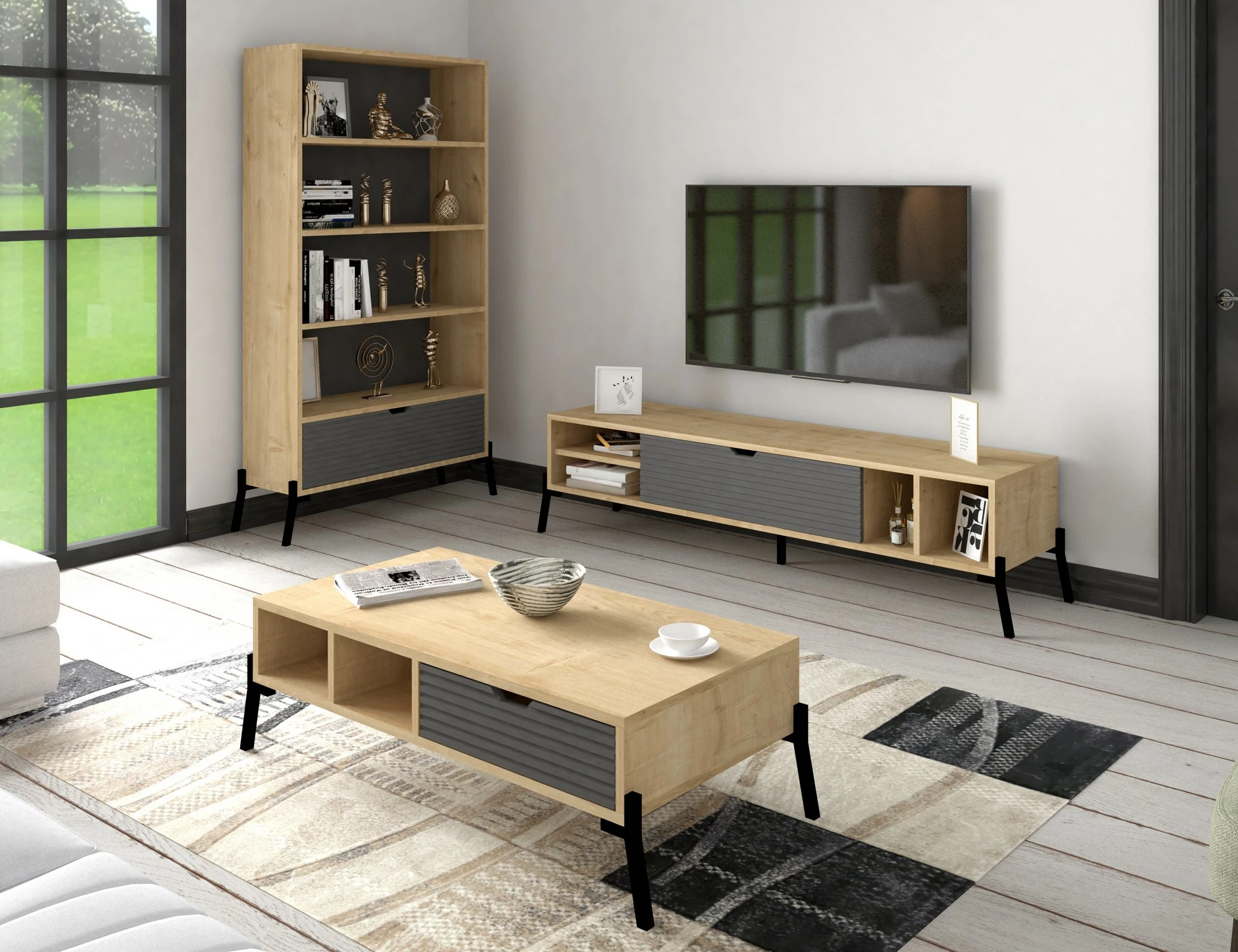 Set mobiljesh për dhomë dite, Ponuse, ngjyrë lis safir dhe antracit