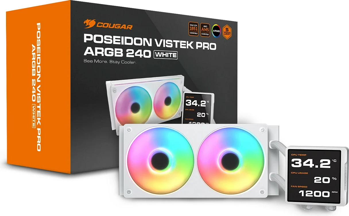 Ftohës uji për CPU Cougar Poseidon Vistek Pro 240, ARGB, ekran 3.95" IPS, 240 mm, i bardhë