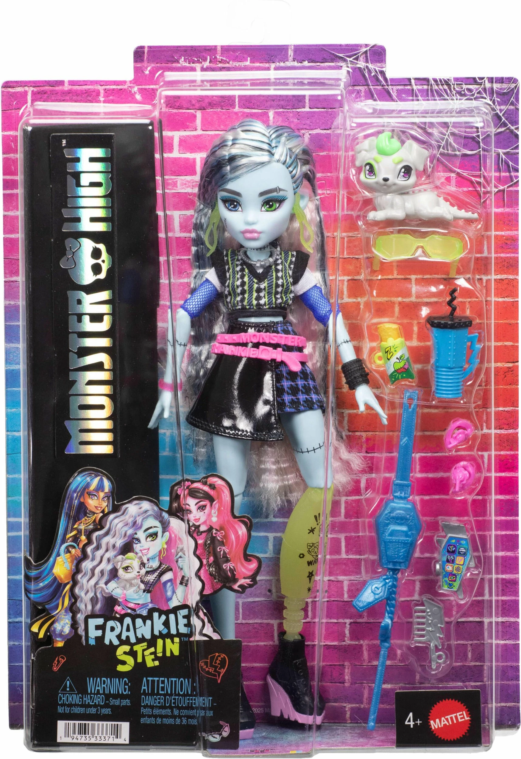 Kukull Mattel Monster High Frankie Stein JHK31, 28.5 cm, me qenush Cotoś dhe aksesorë, shumëngjyrëshe