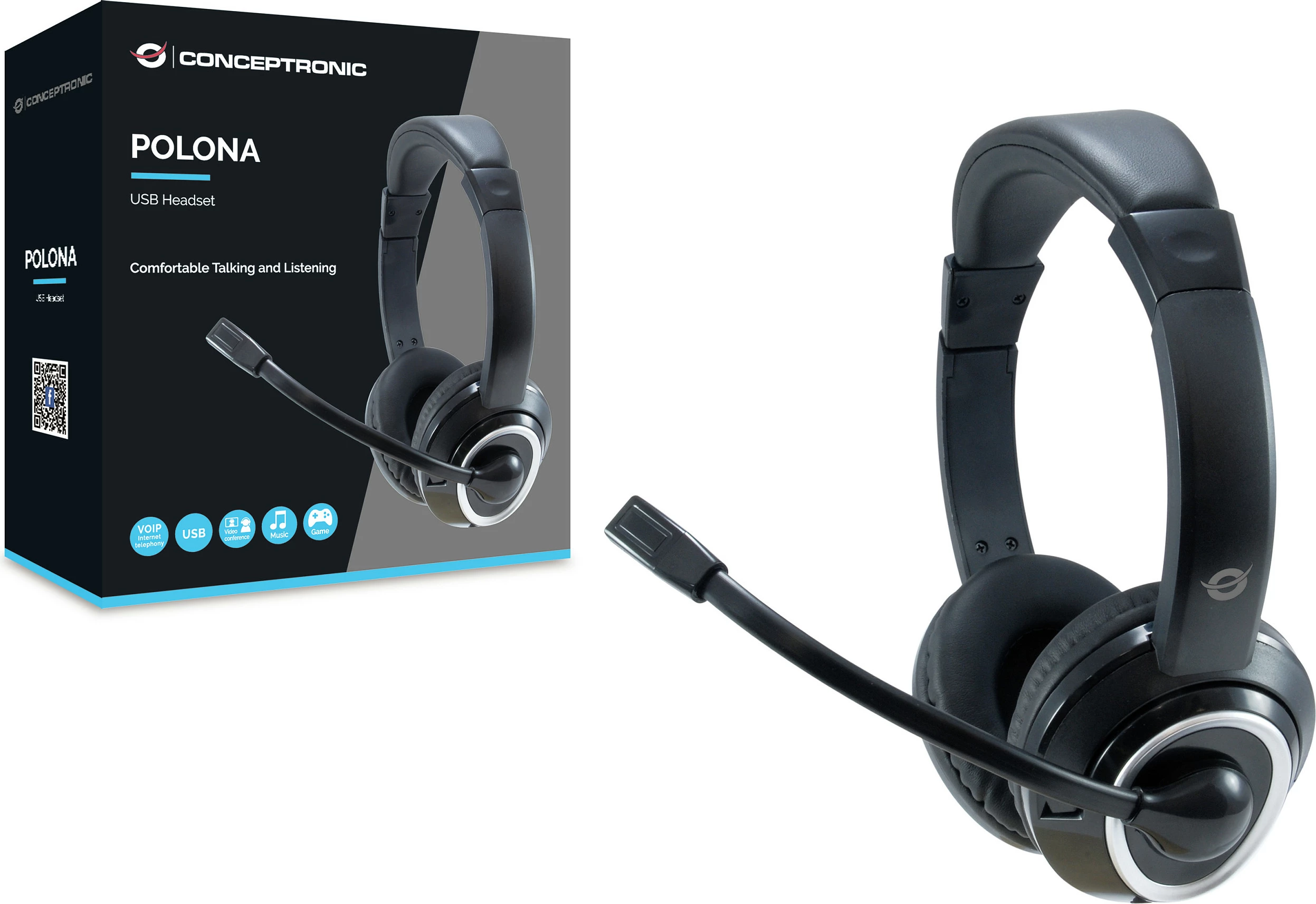 Kufje Conceptronic USB, mikrofon boom, 2m, e zezë