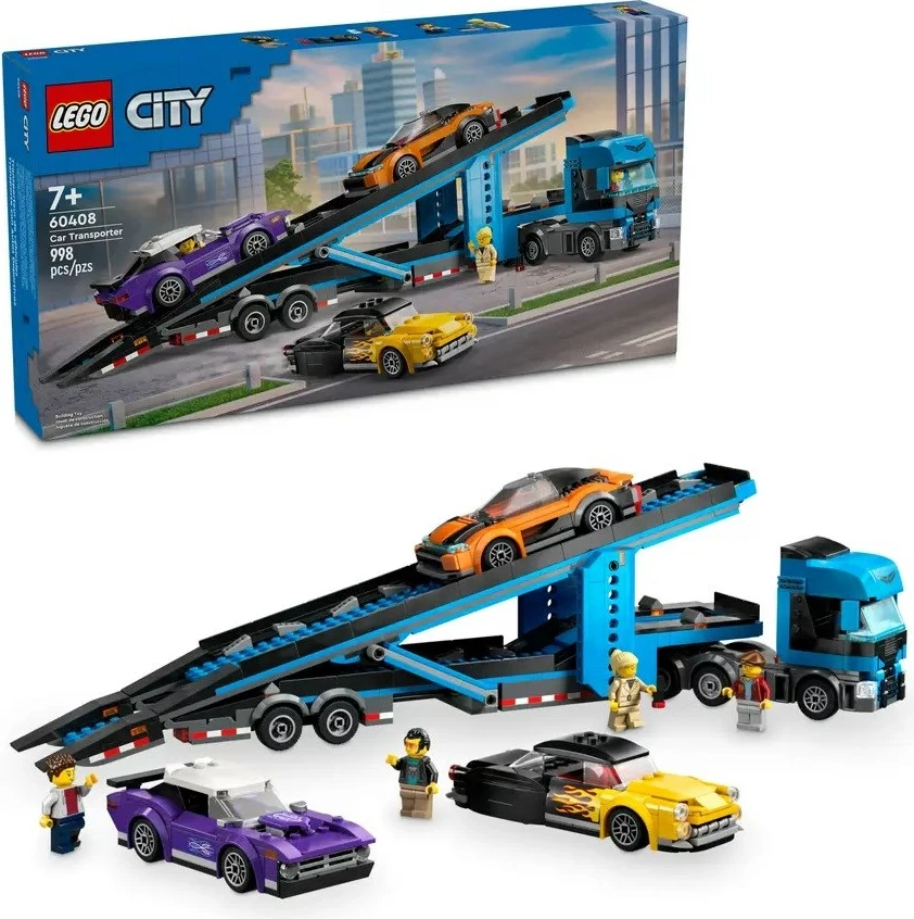Set LEGO CITY 60408 kamion transportues makinash me makina sportive, 4 minifigura