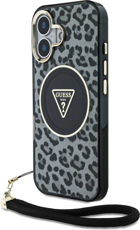 Mbështjellës Guess HC IML Leopard Triangle Cord Strap për iPhone 16, MagSafe, i zi