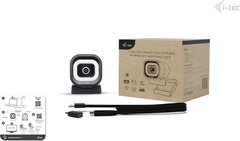 Webcam i-tec SOLOMON 700 STREAM, 4K, Ring Light, 60fps, 8.29MP, e zezë