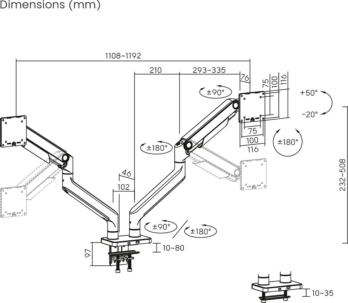 Mbajtës monitori Digitus Dual, për 2 monitorë deri 45", VESA 75x75/100x100, 2x20 kg, clamp, i zi
