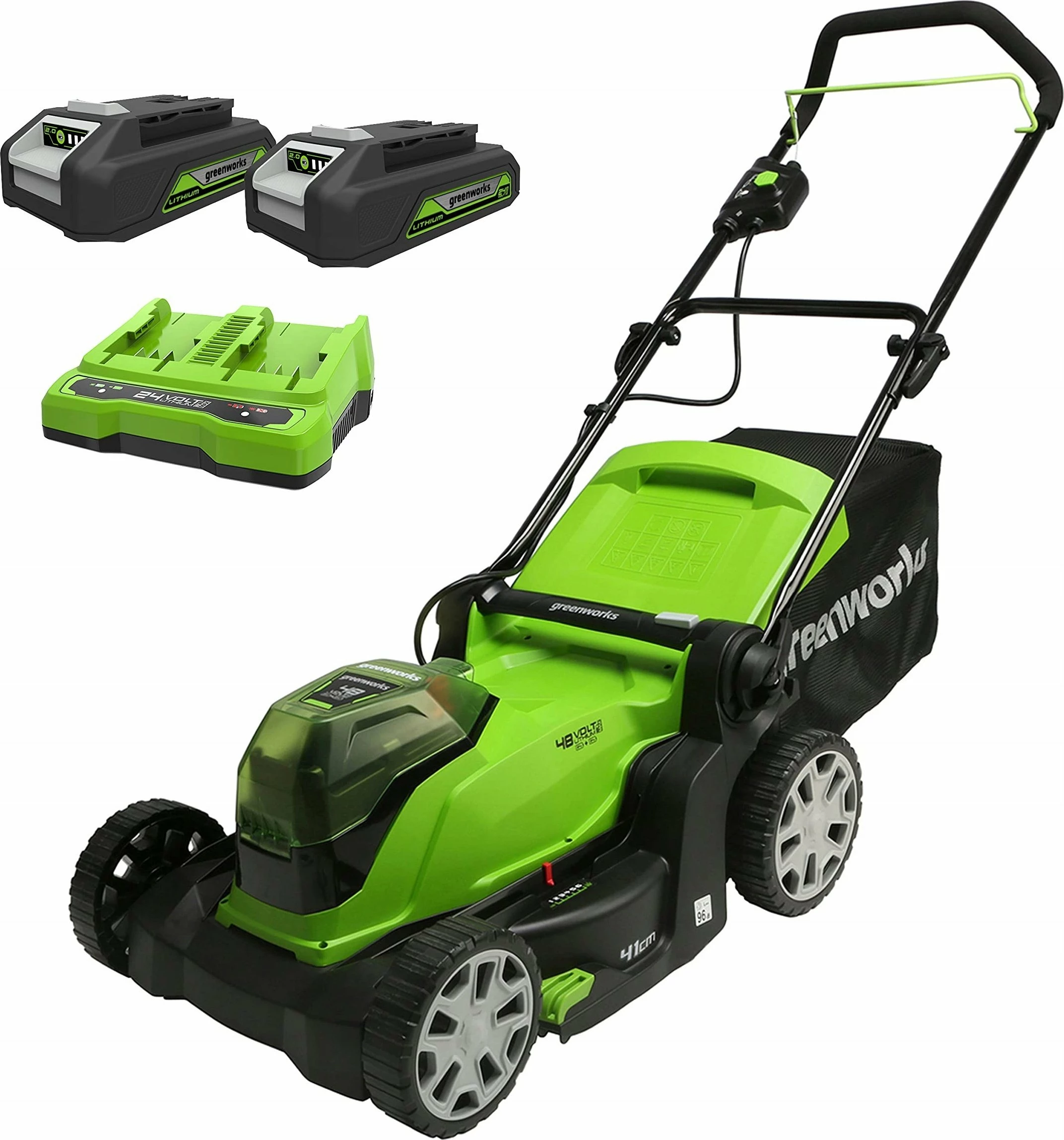 Kositëse bari pa kabllo Greenworks G24X2LM41K2x 41 cm, 2x24V (48V), 2x2Ah, me karikues dual + 2 bateri