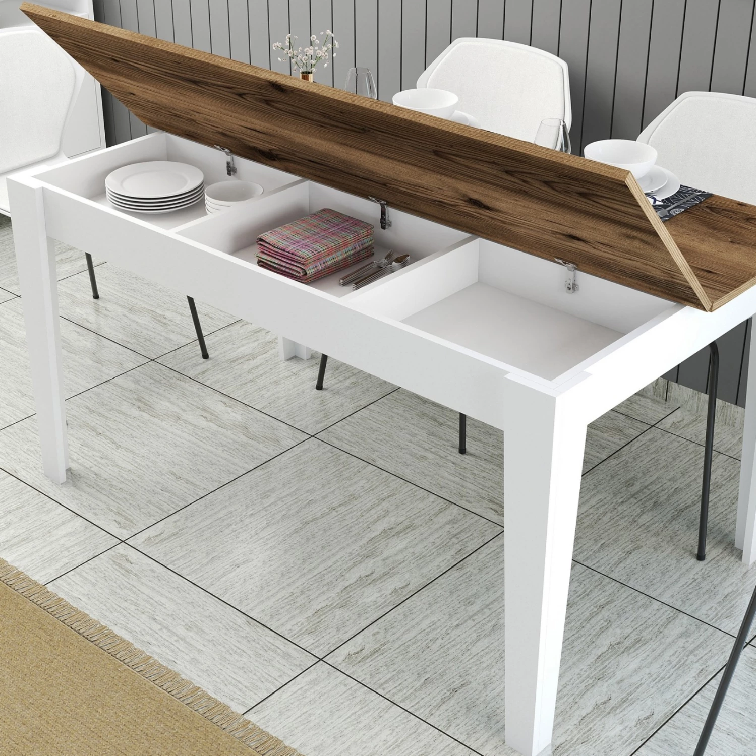 Tavolinë ngrënie standarde, FH9507.07, melaminë, ngjyrë e bardhë-dru arre, me hapësirë ruajtjeje, 145x88x75H cm