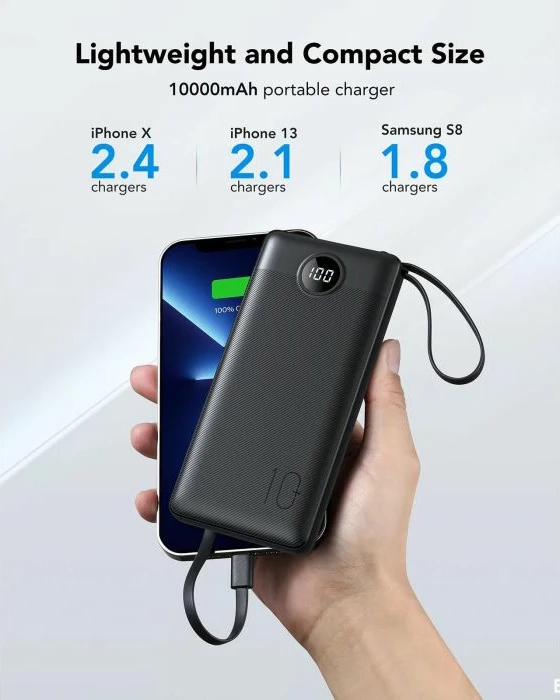 Power bank portativ VEGER C10 10000 mAh me kabllo të integrume, i zi