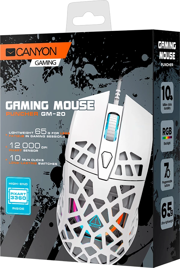 Maus gaming CANYON Puncher GM-20 12000 DPI, RGB, me kabllo, 7 butona, i bardhë