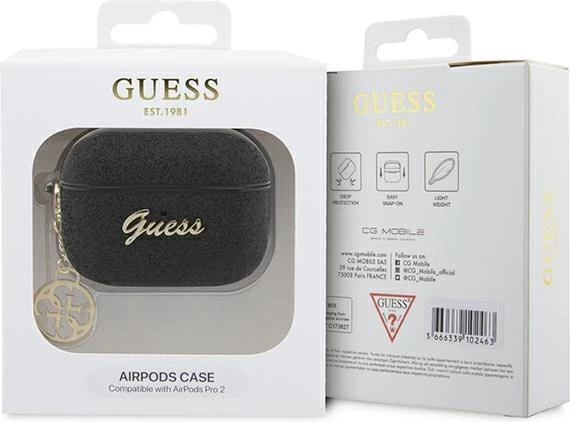 Mbështjellës Guess 4G Glitter Flake për AirPods Pro 2, me karabiner, i zi