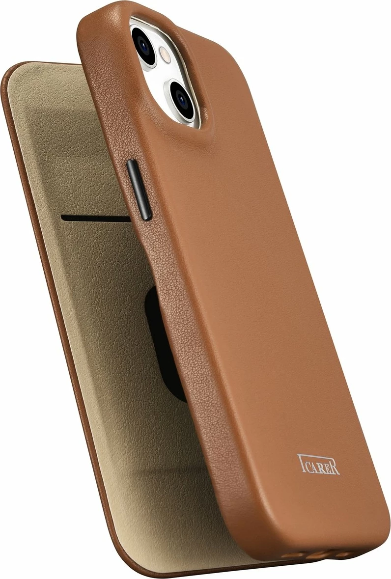Mbështjellës lëkure iCarer CE Premium Folio për iPhone 14, MagSafe, kafe