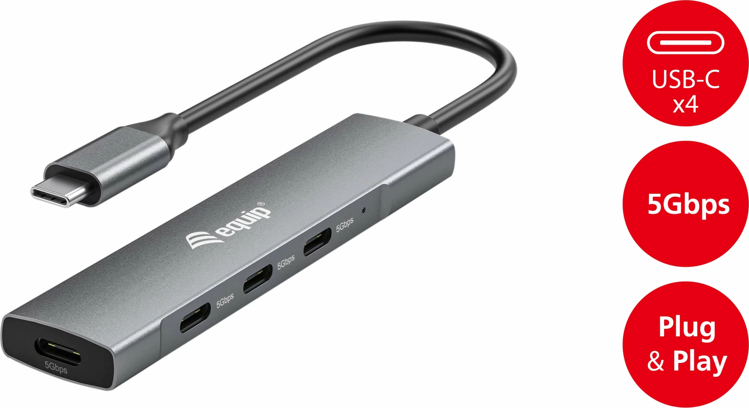 USB hub Equip 4 porte USB 3.2 Gen 1 Type-C, alumini, zi, argjendt, 0.15m