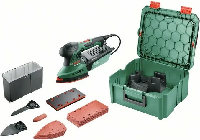 Multi-sharrë Bosch PSM 200, 200W, me rregullim shpejtësie, set letre zmerile, e gjelbër/zezë