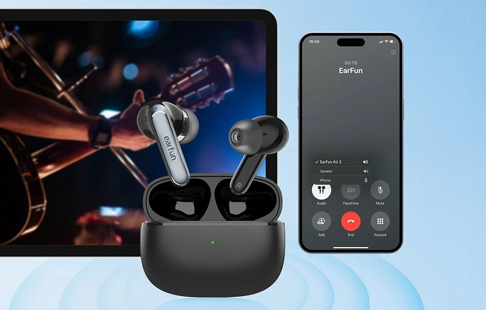 Kufje EarFun Air2 (TW210B) TWS Bluetooth 5.3, LDAC/Hi-Res, IPX7, zezë, set me kuti karikimi