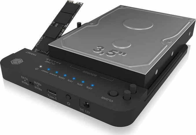Stacion dokimi Icy Box IB-2913MCL-C31, USB-C 3.2, për M.2 NVMe/SATA + SATA 2.5/3.5, klonim me një buton, e zezë
