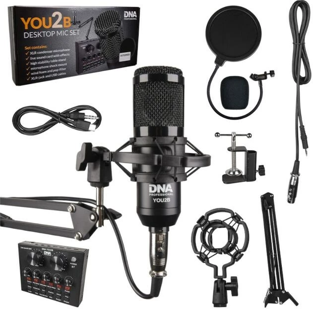 Set podcasti DNA PROFESSIONAL YOU2B me mikrofon, ndërfaqe audio, tripod, i zi