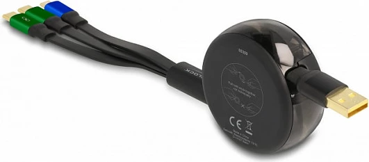 Kabl USB DeLOCK 3-në-1 me mbledhje automatike, USB-A në 2x USB-C + Micro-USB, 1.13 m, fast charging, zi/jeshil/kaltër