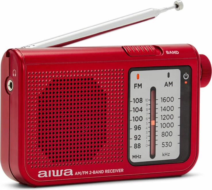 Radio xhepi Aiwa RS-55/RD FM/AM, dalje 3.5mm, 2x AA, set me kufje + qese mbrojtëse, kuqe