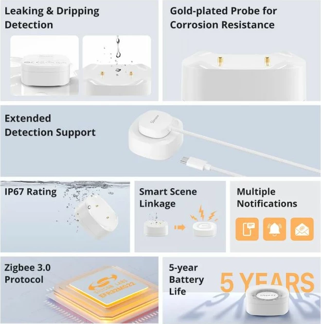Sensor rrjedhje uji SONOFF SNZB-05P Zigbee 3.0 IP67 me kabllo e bashkangjitun, i bardhë