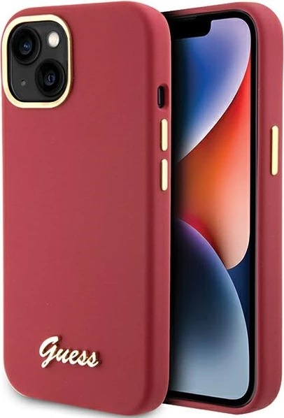 Mbështjellës Guess Silicone Script Metal Logo & Frame për iPhone 15, Kuq