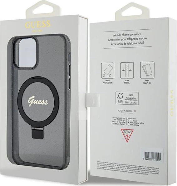 Mbështjellës Guess Ring Stand Script Glitter MagSafe për iPhone 12/12 Pro, i zi