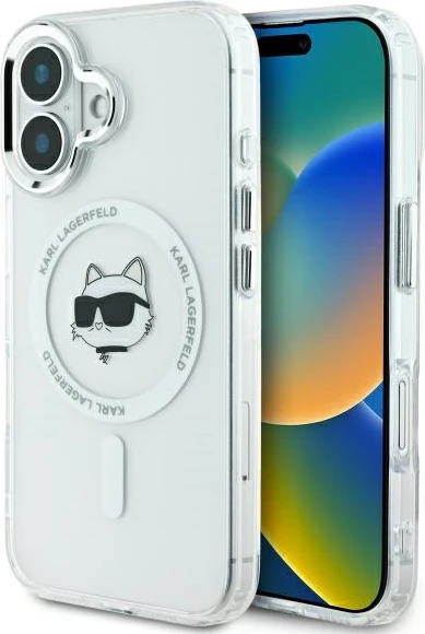 Mbështjellës Karl Lagerfeld IML Metal Choupette Head MagSafe për iPhone 16 Plus, Bardhë