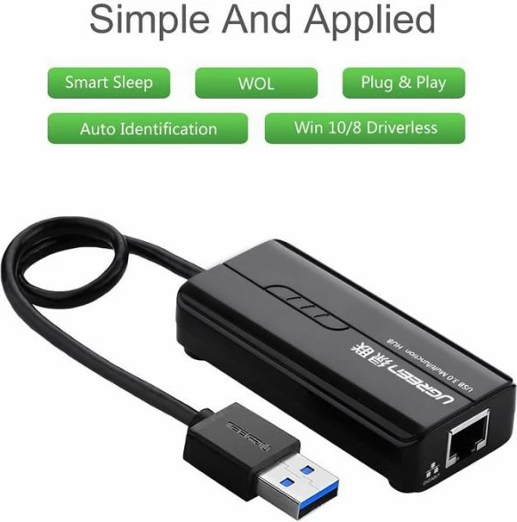 hub USB 3.0 UGREEN 20265 me 3x USB-A + RJ45 Gigabit Ethernet, e zezë, në kuti