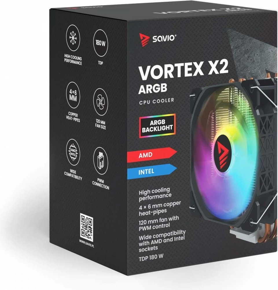 Kasë ftohëse procesori Savio Vortex X2 ARGB, 120 mm, 4 heatpipe, ARGB