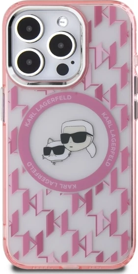 Mbështjellës Karl Lagerfeld IML Monogram Karl & Choupette Head MagSafe për iPhone 15 Pro Max, Rozë