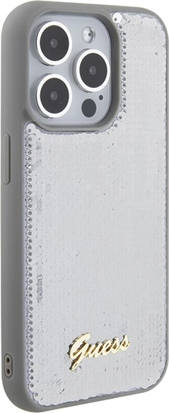 Mbështjellës Guess Sequin Script Metal për iPhone 15 Pro, argjendtë