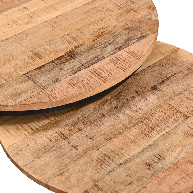 Set tavolina kafeje Frina, 3 copë, dru mango natyral, këmbë metalike të zeza