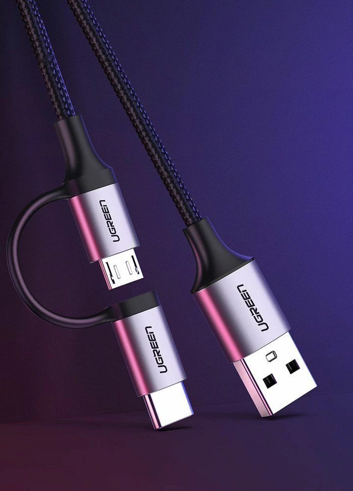 Kabllo USB Ugreen 30875 1 m, USB-A në microUSB + USB-C, 2.4A, e zezë
