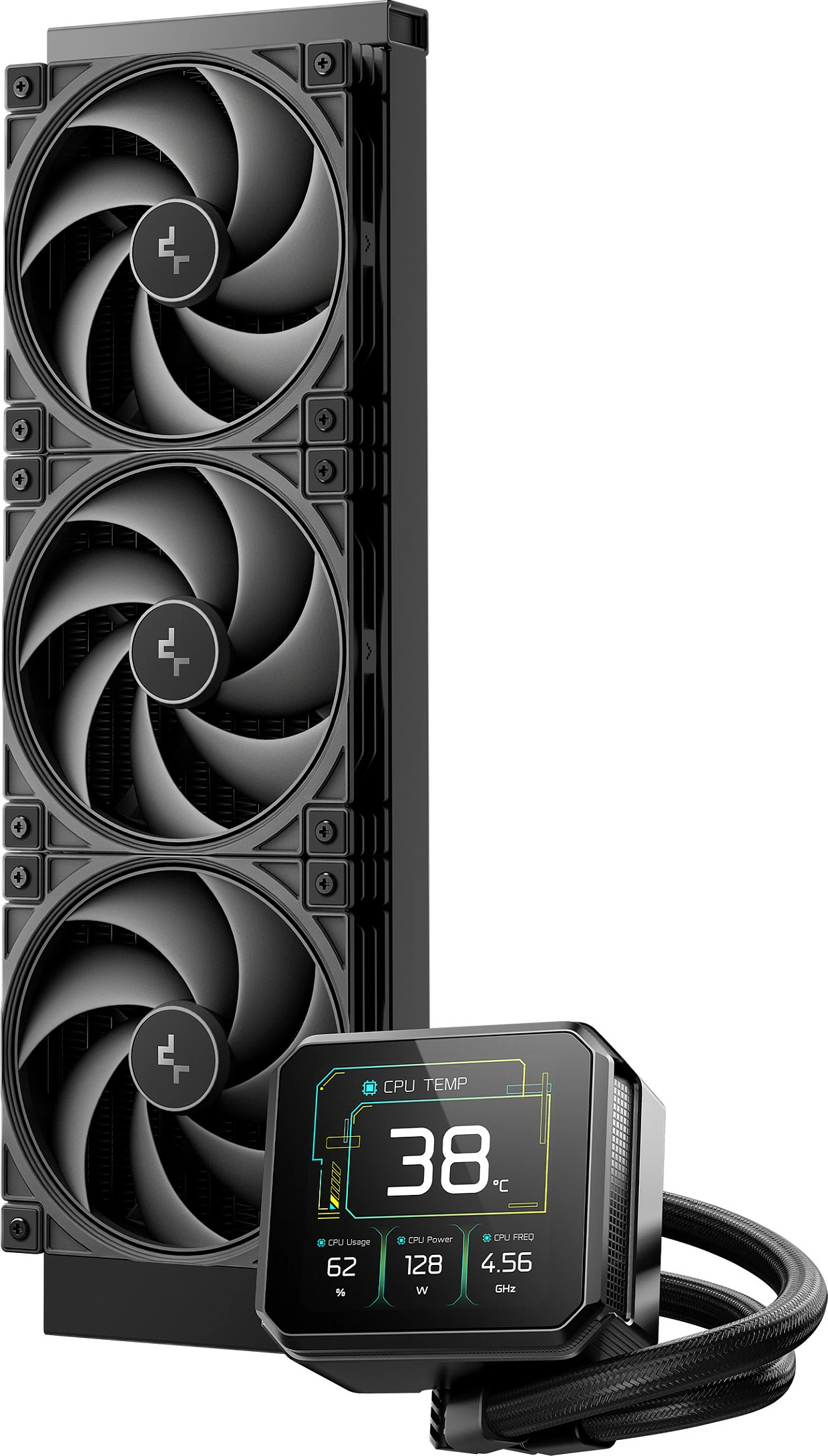 Ftohës CPU me lëng DeepCool Spartacus 360, radiator 360mm, 3x120mm, RGB, ekran 3.4" TFT, i zi