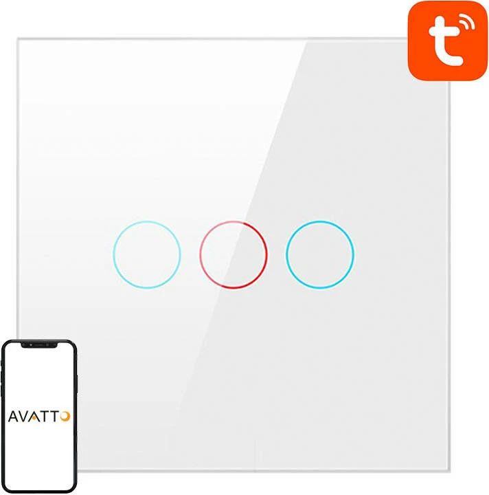 Kasë ndriçimi inteligjente Avatto LZTS02-EU-W3, 3 butona, ZigBee, pa tel neutral, e bardhë