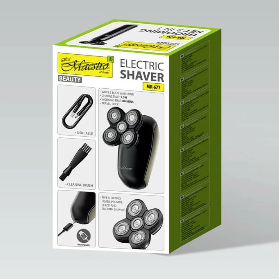 Makinë rroje elektrike për kokë, Feel-Maestro MR-677, bateri 800 mAh, 5 koka prerëse, IPX7, USB-C, e zezë/ari