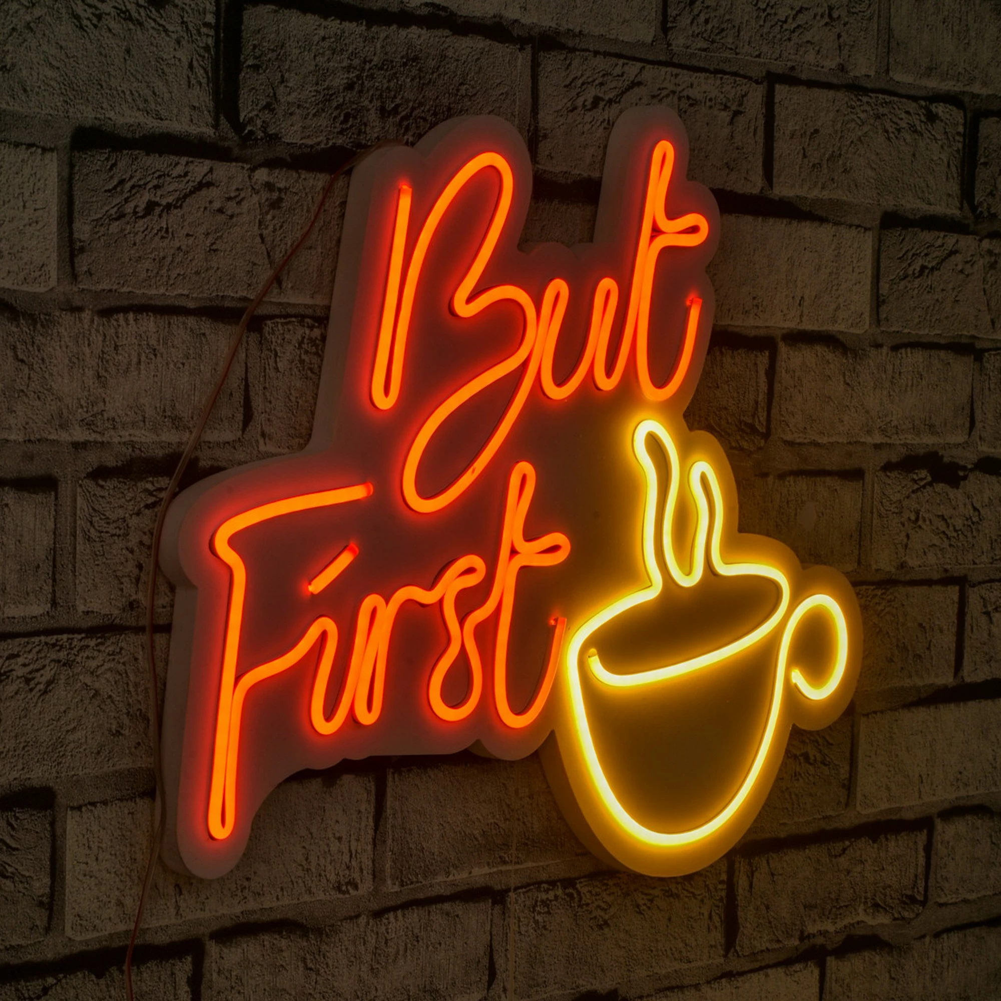 Dritë dekorative LED për mur, plastikë, But First Coffee, e kuqe dhe e verdhë