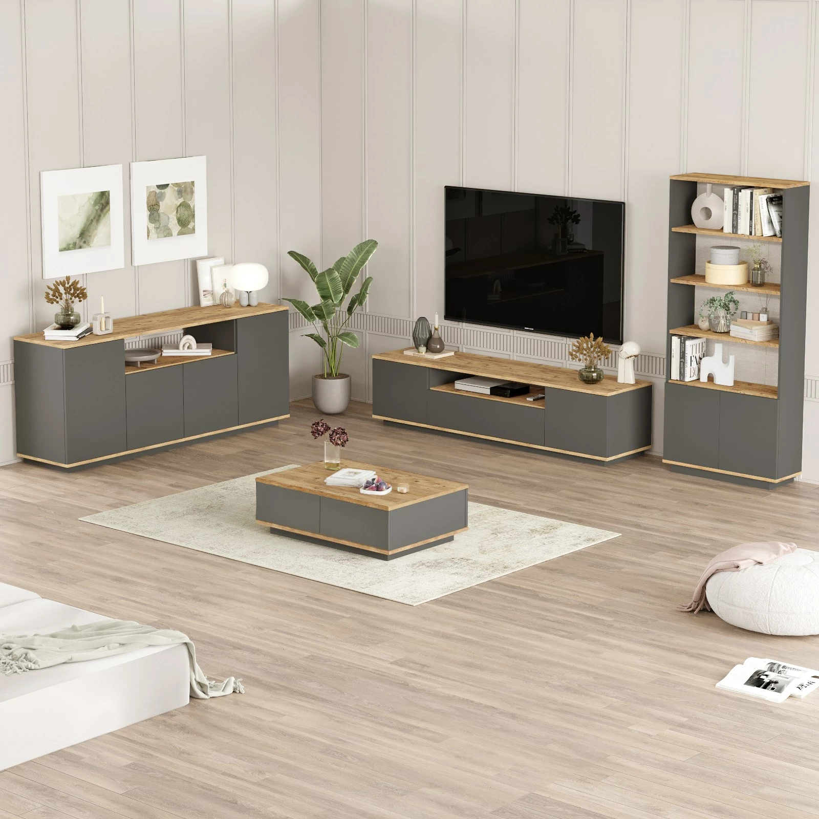 Set mobiljesh për dhomë dite Skye Decor, FR19-AA, ngjyrë Atlantic Pine dhe antracit