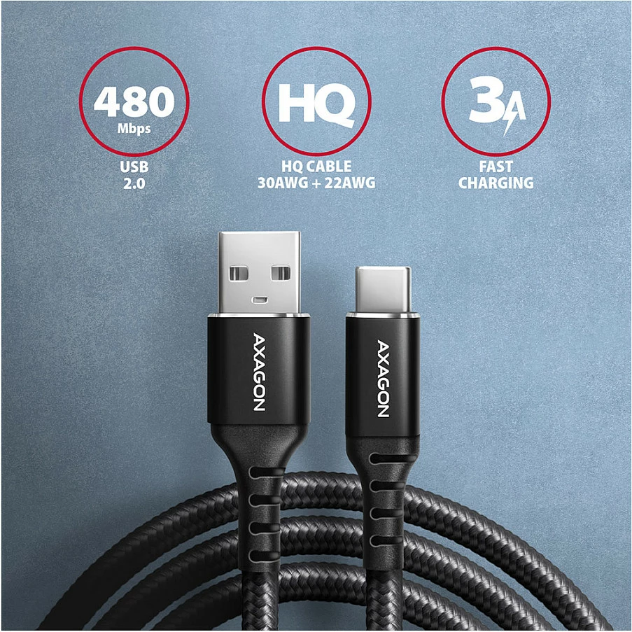 Kabl USB-C në USB-A Axagon BUCM-AM20AB, 2 m, USB 2.0, 3A, i thurur, i zi