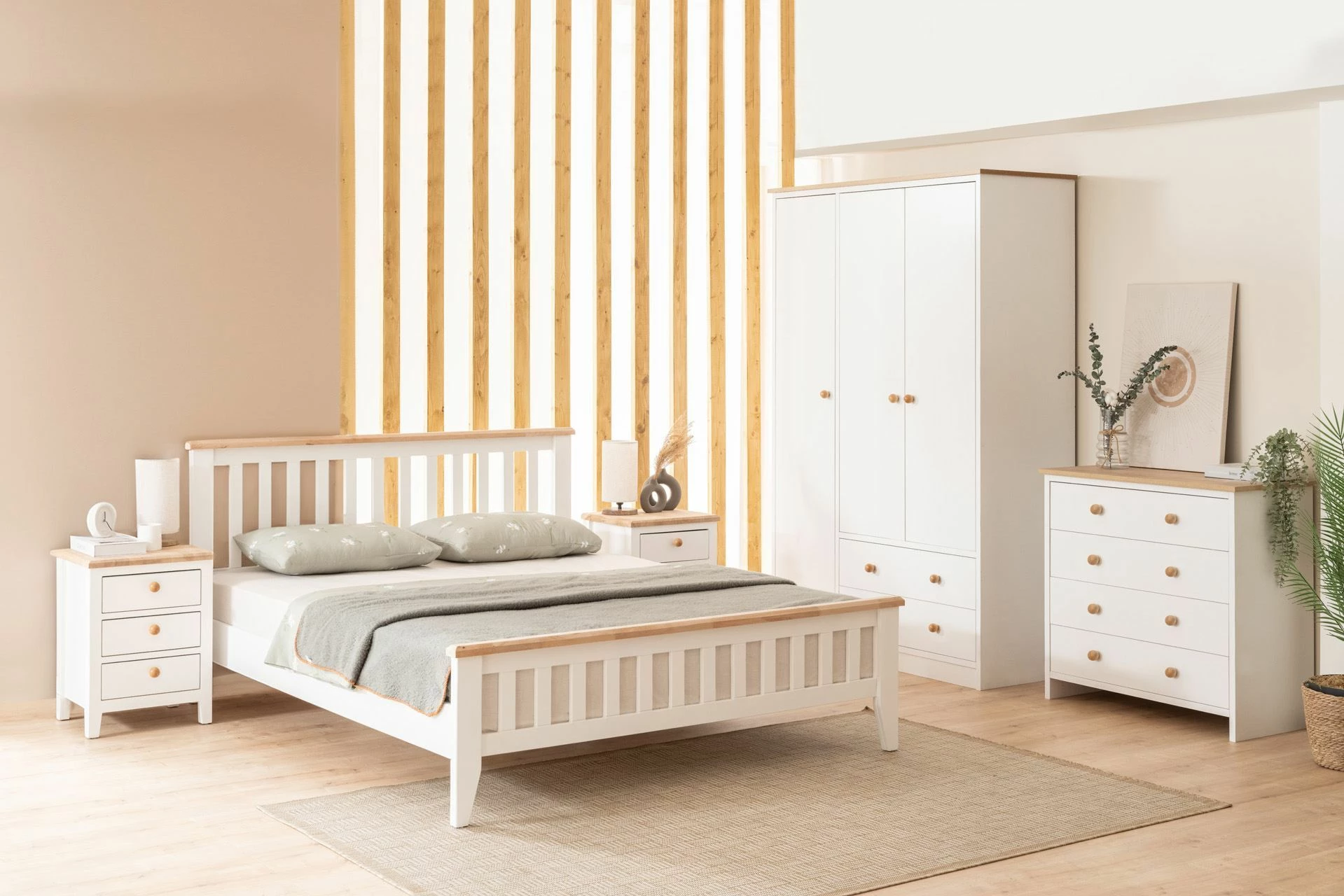 Krevat dopio Skye Decor, stil modern country, 160x200, ngjyrë e bardhë dhe lis