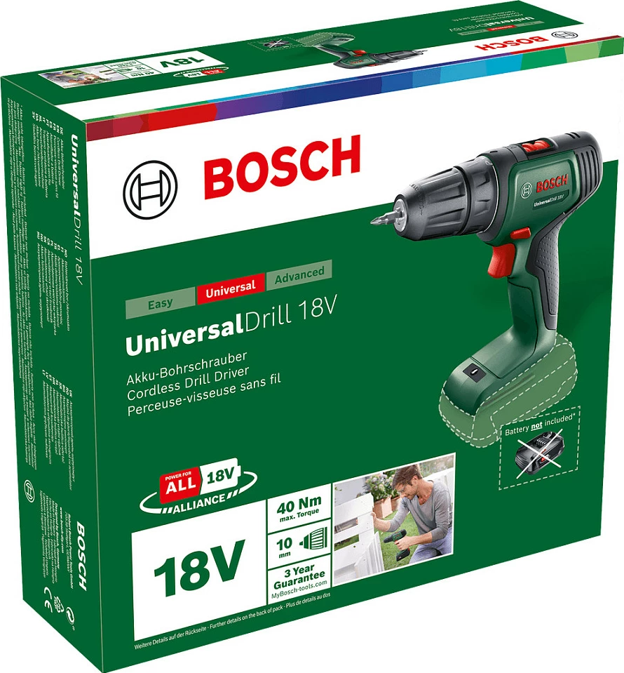 Trapan me bateri Bosch UniversalDrill 18V, 40 Nm, 2 shpejtësi, pa bateri/karikues, zi/gjelbër