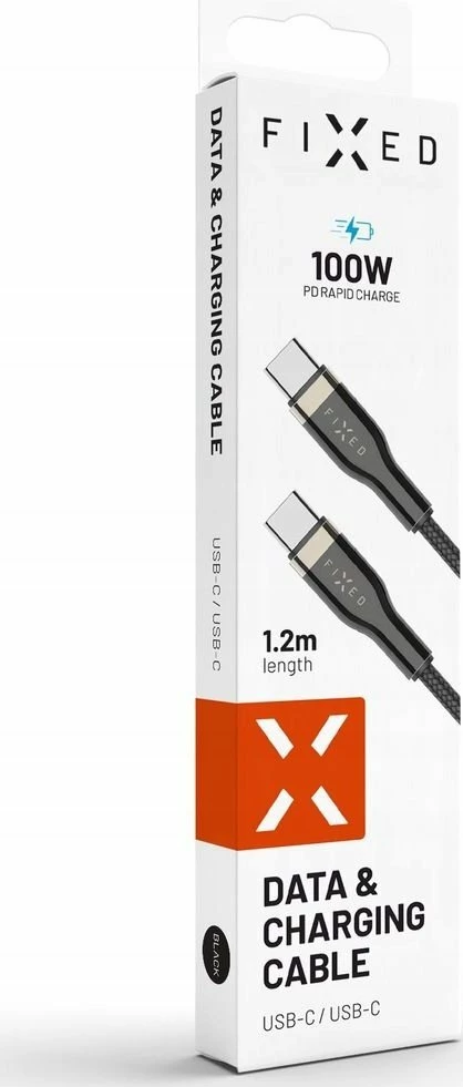 Kabllo USB-C Fixed FIXDB-CC12-BK 1.2m 100W e thurur, e zezë, me organizues ngjitës dhe shirit Velcro