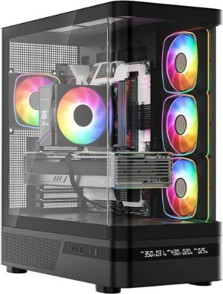 Kasë MODECOM Volcano AQ200 ARGB Midi Tower ATX/µATX/ITX me 4x120mm ARGB, USB-C, ekran LED monitorimi, me kontrollër ARGB, e zezë