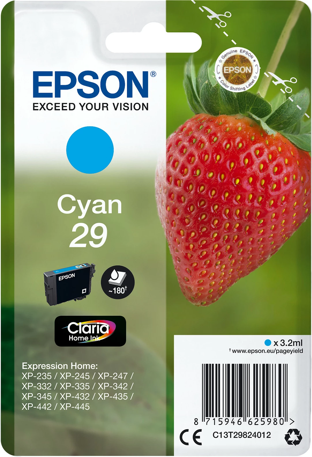 Bojë Epson Strawberry Singlepack Cyan 29, 3.2 ml, 180 faqe