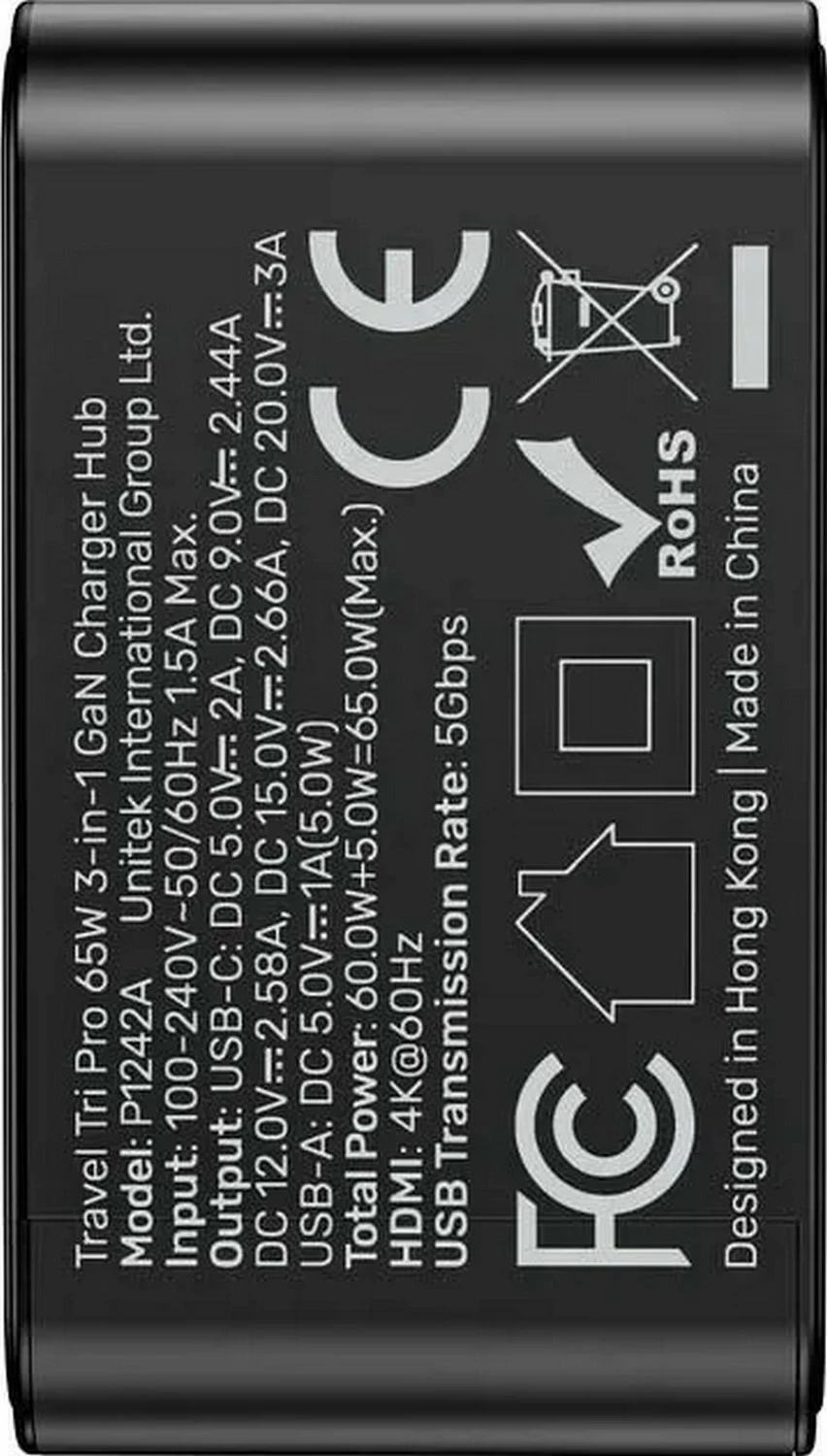 Karikues udhëtimi Unitek Travel Tri Pro GaN, 65W PD, HDMI 4K@60Hz, USB-C/USB-A, i zi