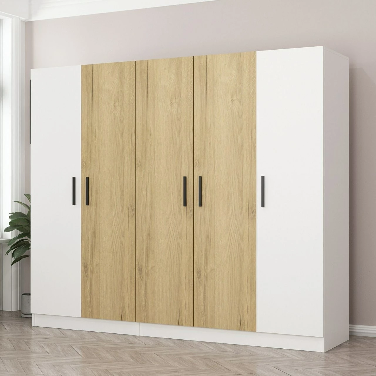 Dollap Hanah Home, Kale - 3110, ngjyrë e bardhë dhe dru natyral, 225x190x52cm