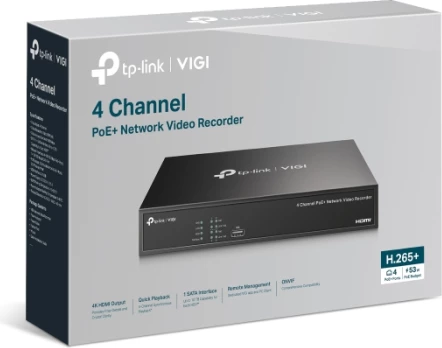 Regjistrues video rrjeti (NVR) PoE+ 4-kanalësh TP-LINK VIGI NVR1004H-4P, 4K HDMI, 4x PoE+ 53 W, i zi