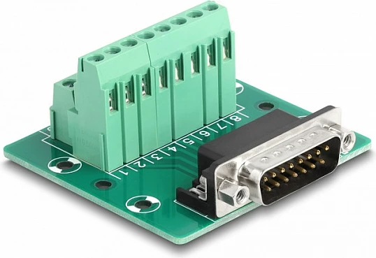 Adapter D-Sub 15-pin DeLOCK në terminal bllok për shinë DIN, i gjelbër