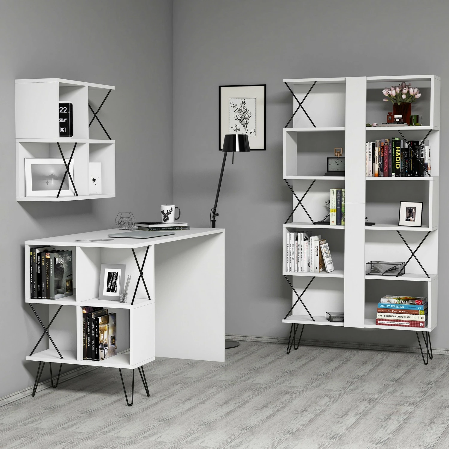 Set tavoline pune me raft librash Hanah Home, Extra 2, e bardhë, e zezë