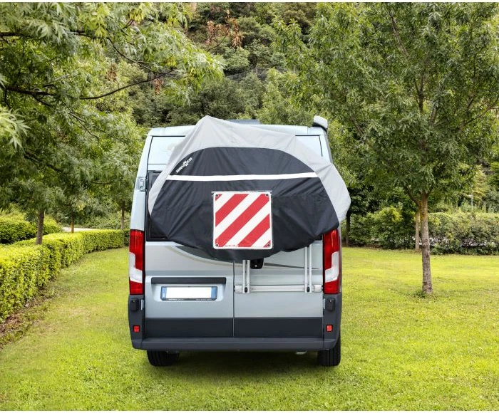 Mbulesë për e-bike BRUNNER Cover 2 (7130220N), poliester repelent ndaj ujit, xhep për tabelë paralajmëruese reflektuese, zi/gri