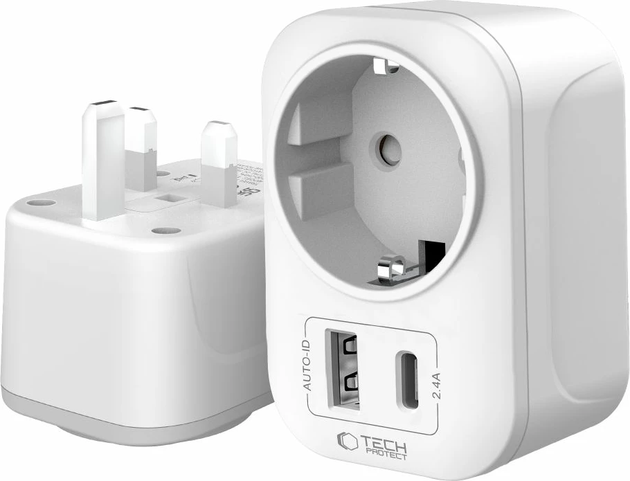 Adapter udhëtimi Tech-Protect TA100 EU në UK, 2500W, USB-A + USB-C, i bardhë, 1 copë