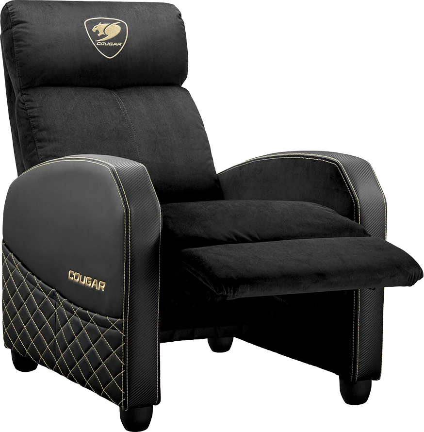 Sofa gaming COUGAR Ranger Elite Gold, kënd shpine 95-160°, kapacitet 135 kg, pëlhurë velvet, kornizë çeliku, zi/ari